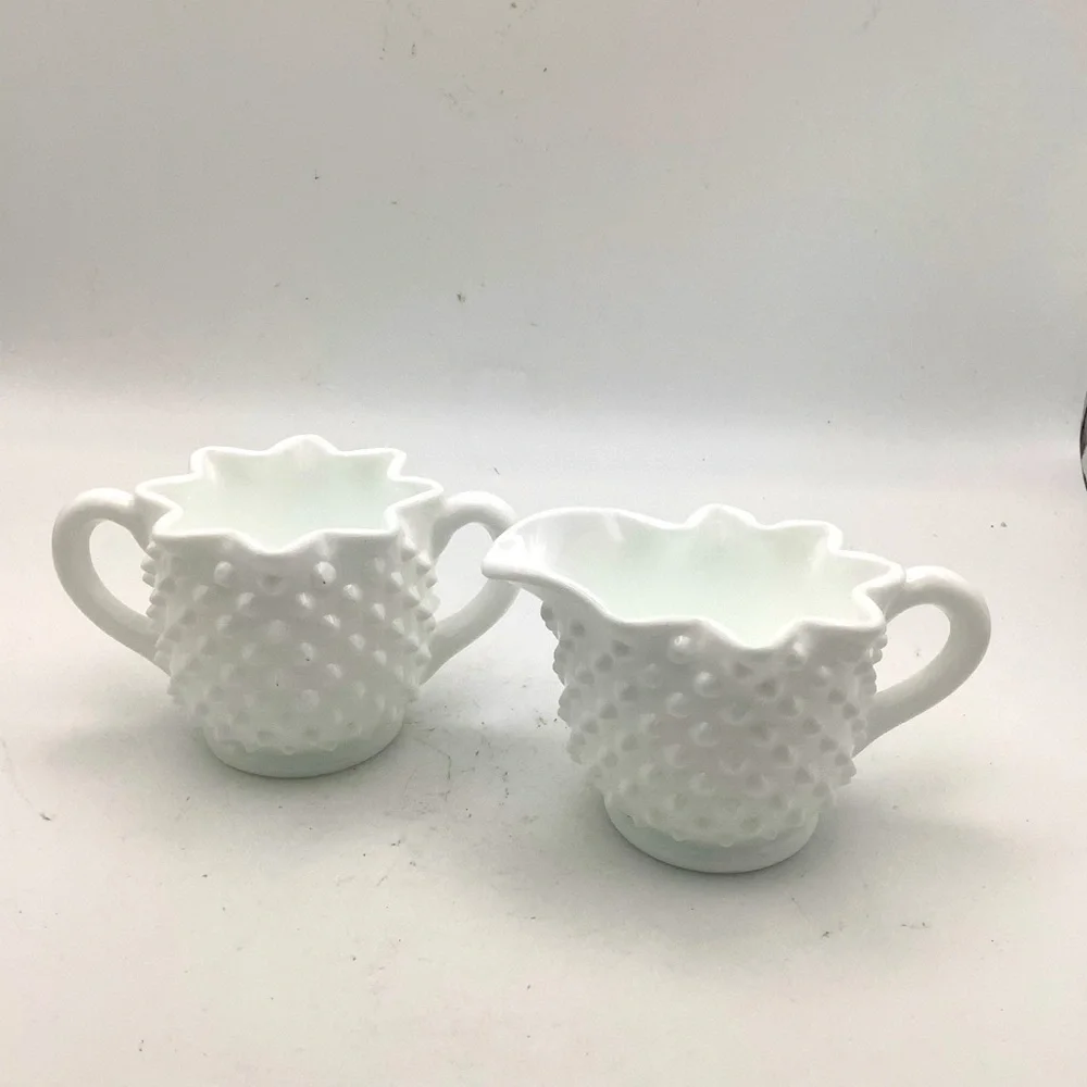 White Hobnail Milk Glass Creamer and Sugar Set
